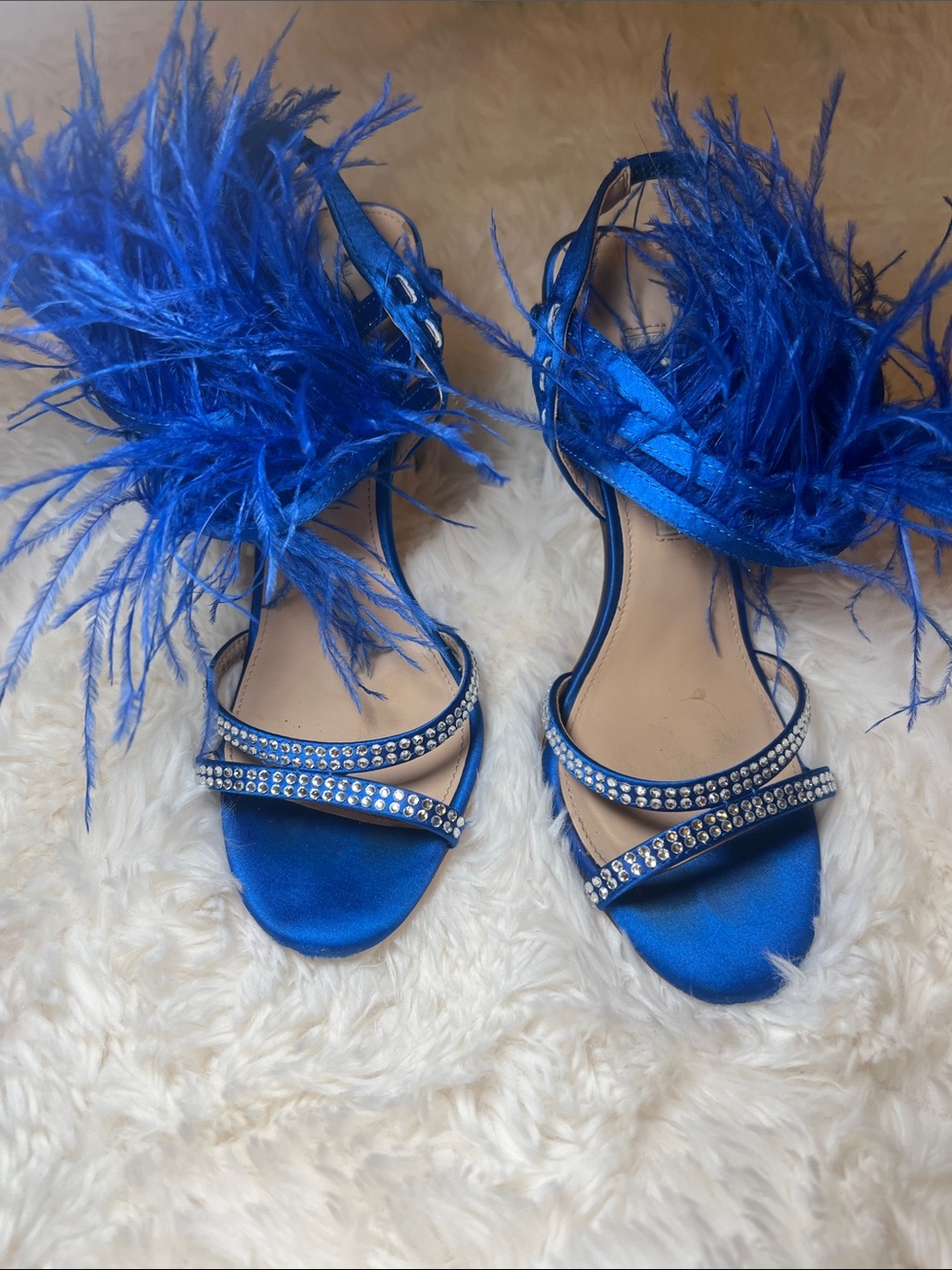 ANNA New York Royal Blue Feather and Rhinestone Stiletto Sandals